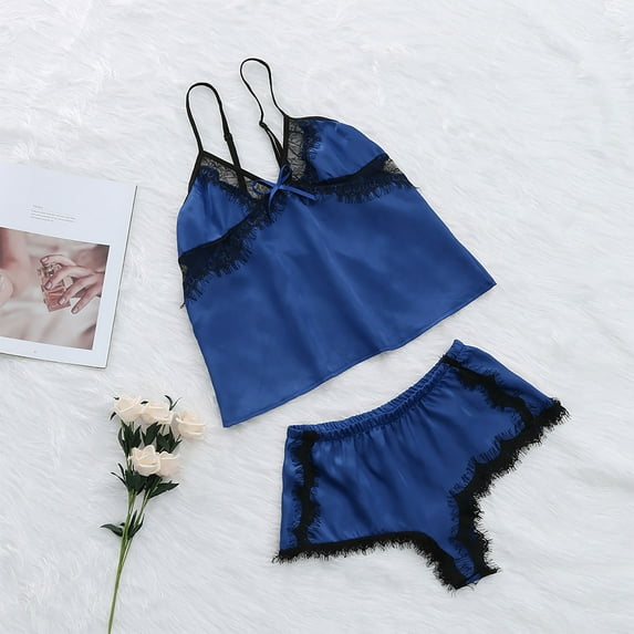 ALLLIST Sexy Womens Pajamas Set Solid Lace Blue Backless V-Neck Camisole Polyester Sleeveless Lounge Wear for Women