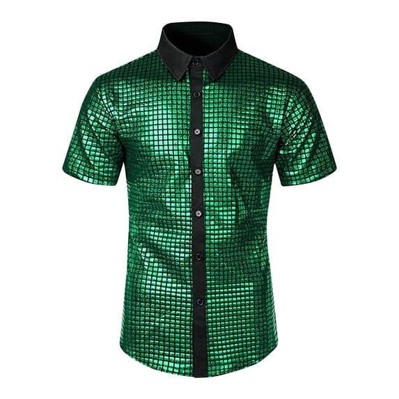 ALLLIST Shirts for Men Big And Tall Collared Short Sleeve Button Down Shirts Green Sequin Color Block Men's Clothing