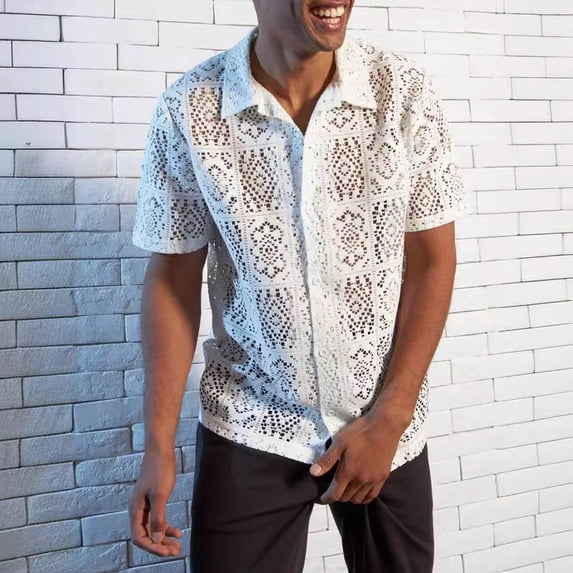 ALLLIST Shirts for Men Big And Tall Short Sleeve Collared Button Down Shirts Cutout White Plain Casual Men's Clothes
