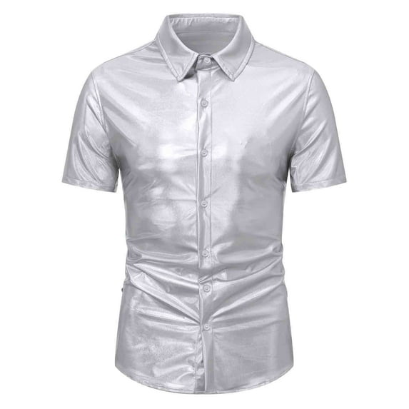 ALLLIST Shirts for Men Collared Short Sleeve Big And Tall Button Down Shirts Silver Sequin Plain Mens Clothing