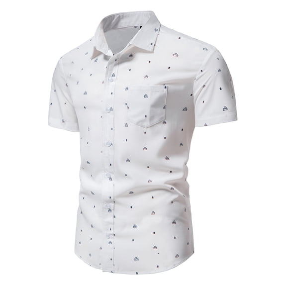 ALLLIST Shirts for Men with Pockets Collared Short Sleeve Button Down Shirts White Geometric Casual Men's Clothes