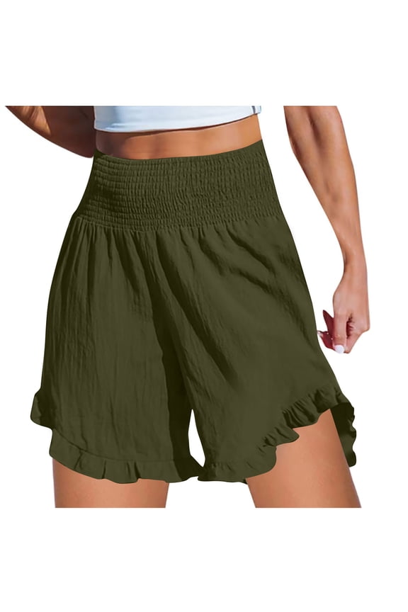 Short Girls Shorts High Green Wide-Leg Solid Elastic Pleated Womens Capris 100%Cotton Pleated S