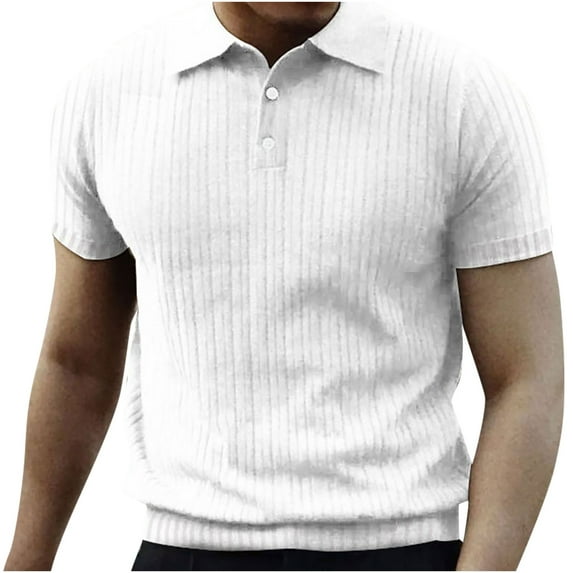 ALLLIST Short Sleeve Casual Tops for Men Collared White Solid Casual T-Shirts Ribbed Button Classic Tee for Men