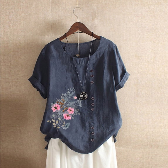 ALLLIST Short Sleeve Casual Tops for Women Blue Floral Crew Neck Embroidery Blouses Button Casual Womens Shirts Clearance