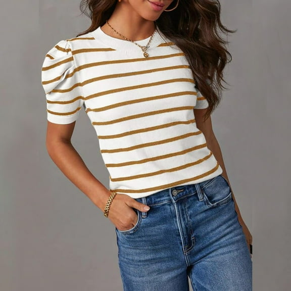 ALLLIST Short Sleeve Casual Tops for Women Striped Brown Crew Neck T-Shirts Spring Blouses