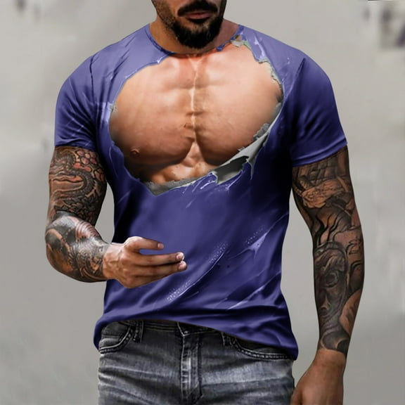 ALLLIST Short Sleeve Dressy Tops for Men Blue Crew Neck Muscle Graphic Loose Gift Printed T-Shirts Mens Shirts