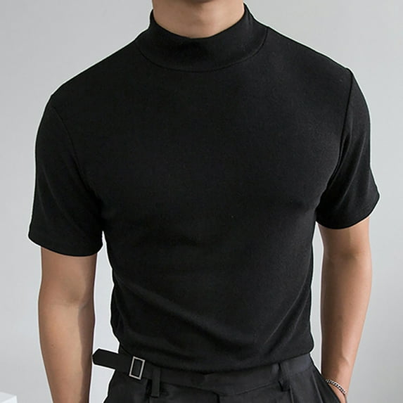 ALLLIST Short Sleeve Going Out Tops for Men High Neck Black Solid Fitness Breathable Casual T-Shirts Golf Shirts for Men