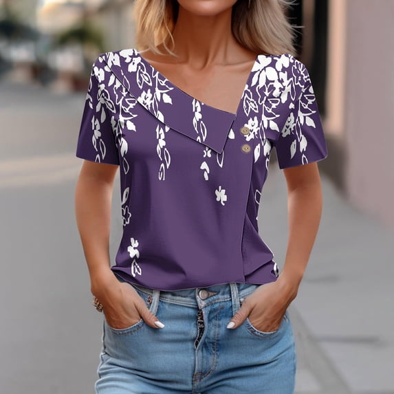 ALLLIST Short Sleeve Ladies Tops Graphic Purple V-Neck T-Shirts Casual Blouses for Women