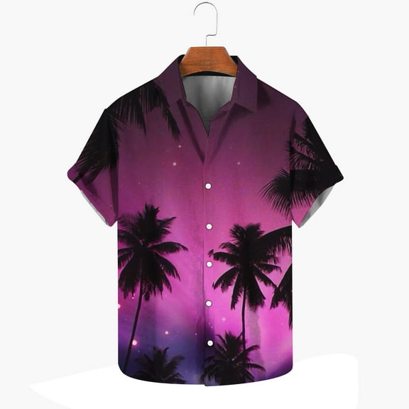 ALLLIST Short Sleeve Men Shirts Hawaiian Collared Button Down Shirts Purple Casual Mens Clothing