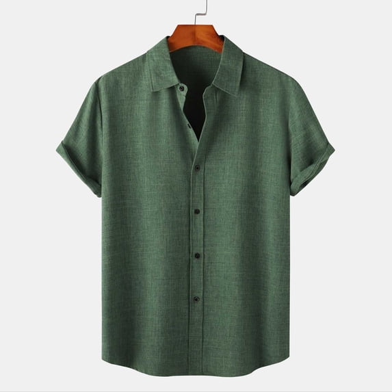ALLLIST Short Sleeve Men's Shirts Big And Tall Cotton Linen Collared Button Down Shirts Casual Green Solid Mens Clothing