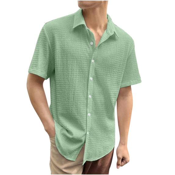ALLLIST Short Sleeve Men's Shirts Collared Green Button Down Shirts Plain Knited Men's Clothing