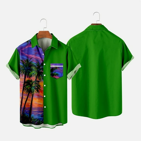 ALLLIST Short Sleeve Men's Shirts Hawaiian with Pockets Big And Tall Button Down Shirts Green Collared Casual Clothing for Men
