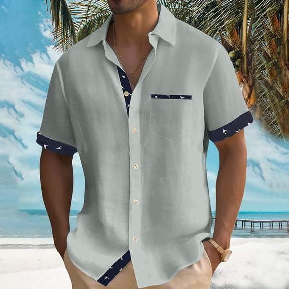 ALLLIST Short Sleeve Men's Shirts with Pockets Collared Button Down Shirts Casual Gray Color Block Mens Clothing