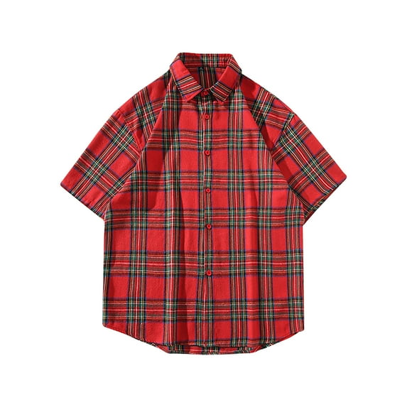 ALLLIST Short Sleeve Mens Tops Casual Collared Red Plaid T-Shirts Casual Button Tee for Man