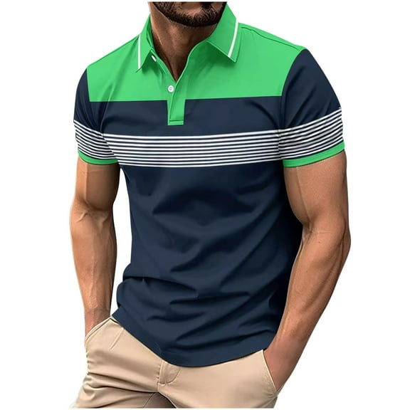 ALLLIST Short Sleeve Mens Workout Tops Green Collared Striped Casual T-Shirts Button Polo Men's T-Shirts