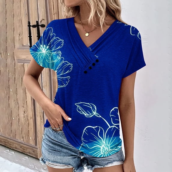 ALLLIST Short Sleeve Spring Tops for Women 2024 Blue V-Neck Floral Button T-Shirts Casual Womens Blouses