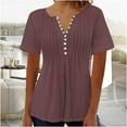 thumbnail image 1 of ALLLIST Short Sleeve Summer Tops Brown V-Neck Solid Button Pleated T-Shirts Casual Womens Shirts Under $10, 1 of 4