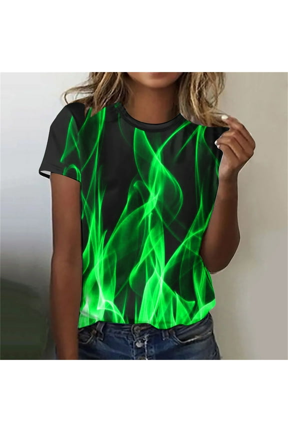 Short Sleeve Summer Tops Green Crew Neck Printed Gift T-Shirts Flame Tees for Women