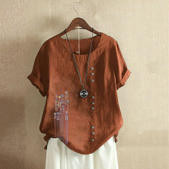 ALLLIST Short Sleeve Summer Tops for Women 2024 Floral Crew Neck Brown Embroidery Button Cotton and Linen Blouses Women Blouses