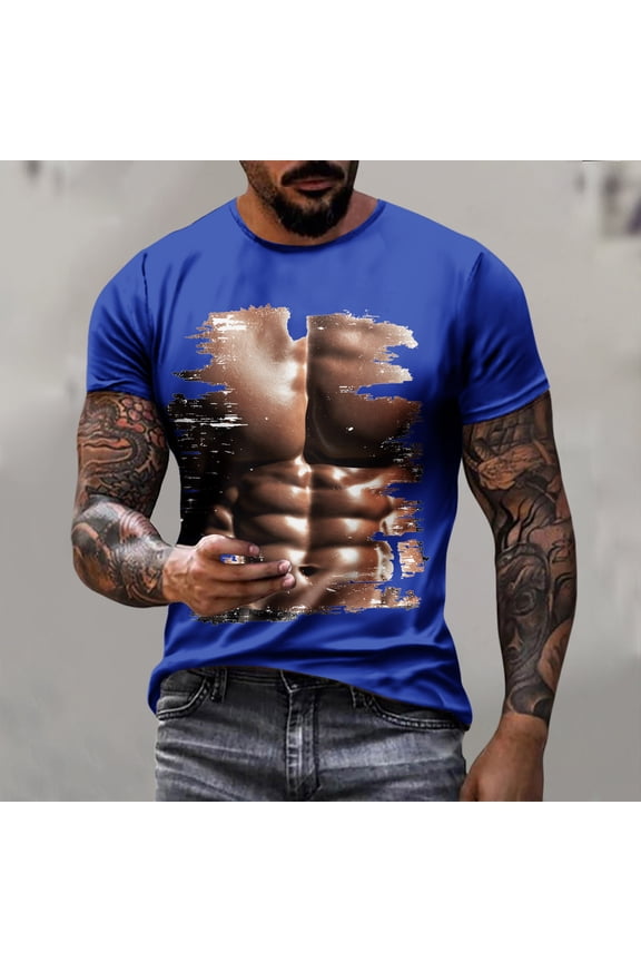 Short Sleeve Tops Crew Neck Blue Muscle Gift Loose Printed T-Shirts Graphic Tee for Man