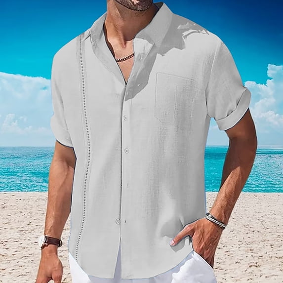 ALLLIST Short Sleeve Tops for Men Trendy Gray Collared Solid with Pocket Pullover T-Shirts Button Men's Shirts