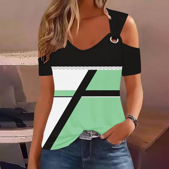ALLLIST Short Sleeve Tops for Women Cold Shoulder V-Neck Blouses Casual Green Color Block Shirts Tops for Ladies