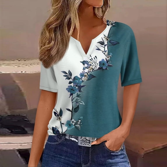 ALLLIST Short Sleeve Tops for Women Henley Summer T-Shirts Fashion Floral Green Shirts Tops for Ladies