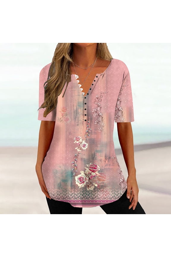 Short Sleeve Tops for Women Holiday V-Neck Tunic Pink Casual Floral Blouses Tops for Ladies