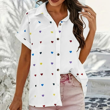 ALLLIST Short Sleeve Tops for Women Summer Treny Button up Shirts Love Heart Collared White Cardigan Tops for Ladies
