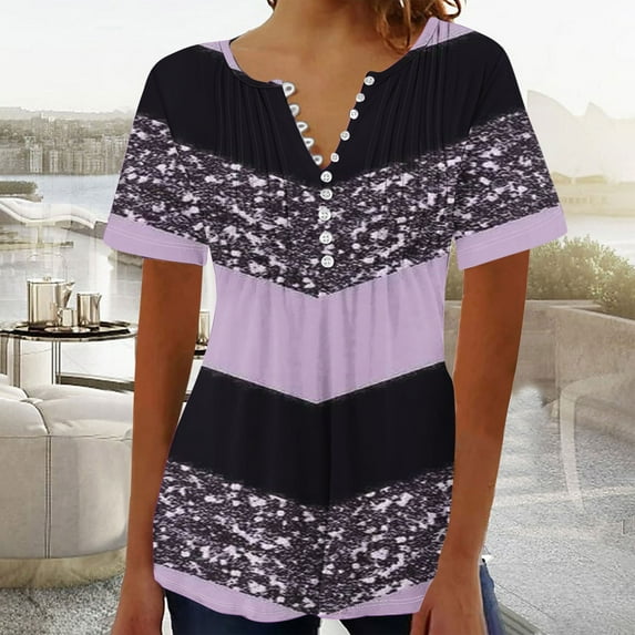 ALLLIST Short Sleeve Trendy Tops for Women 2024 V-Neck Purple Graphic Button Casual T-Shirts Womens Shirts