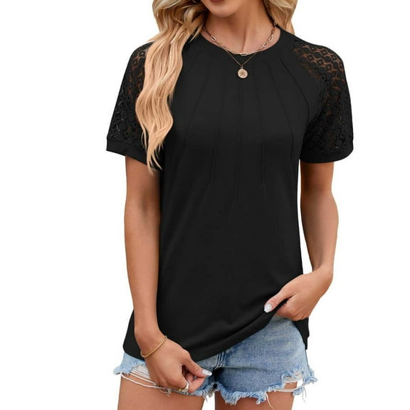 ALLLIST Short Sleeve Women Tops Crew Neck Black Solid Casual Pleated Lace T-Shirts Womens Shirts Under $10