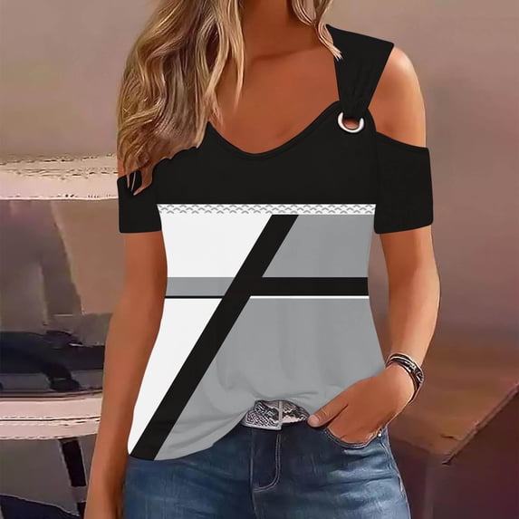 ALLLIST Short Sleeve Women's Tops Cold Shoulder V-Neck Blouses Gray Casual Color Block Shirts Tops for Ladies