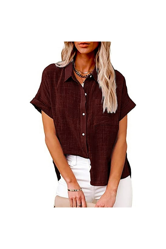 Short Sleeve Women's Tops Cotton Linen Summer Button up Shirts Pocket Casual Solid Red Blouse Clothing for Women
