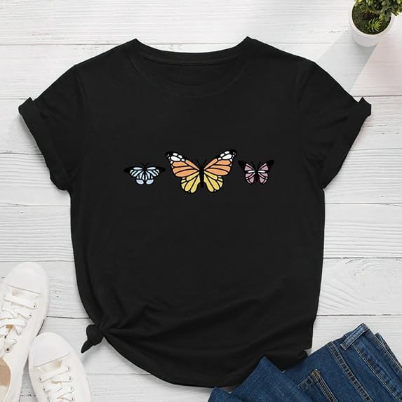 ALLLIST Short Sleeve Women's Tops Crew Neck Plus Size T-Shirts Holiday Butterfly Casual Black Shirts Womens Clothing