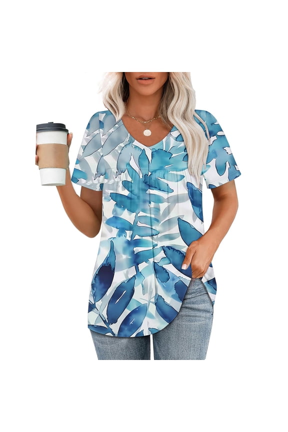 Short Sleeve Women's Tops Pleated V Neck Blouse Blue Fashion Floral Tunic Women's Clothing