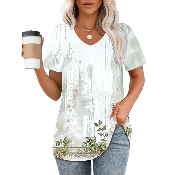 ALLLIST Short Sleeve Women's Tops Pleated V Neck Blouse White Floral Summer Tunic for Women
