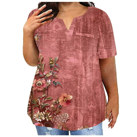 ALLLIST Short Sleeve Women's Tops Plus Size Notch Neck T-Shirts Red Floral Trendy Shirts Ladie's Tops