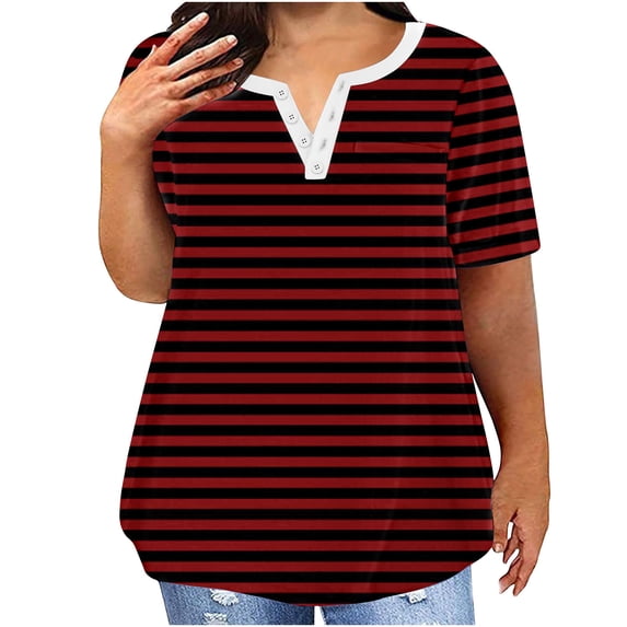 ALLLIST Short Sleeve Womens Tops Clearance Under $5 Striped Notch Neck Red Button T-Shirts Oversized Casual Womens Shirts Clearance