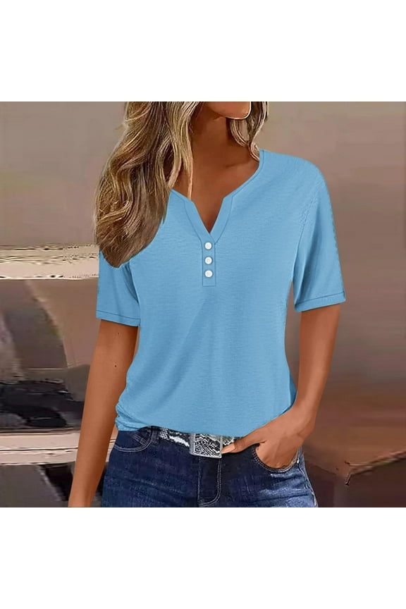 Short Sleeve Womens Tops Henley Holiday T-Shirts Plain Blue Fashion Shirts for Women