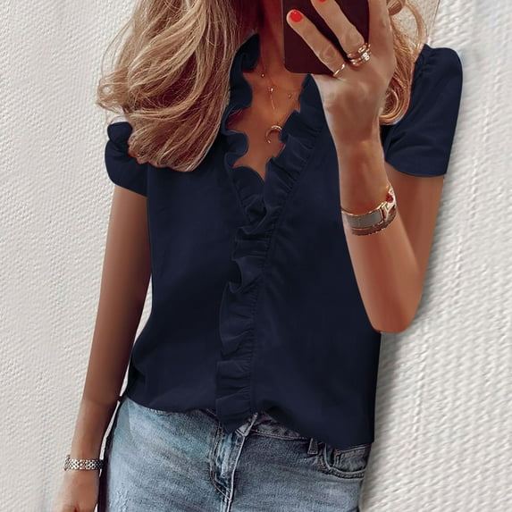 ALLLIST Short Sleeve Womens Tops Holiday V-Neck Blouses Blue Plain Ruffle Shirts Ladies Tops
