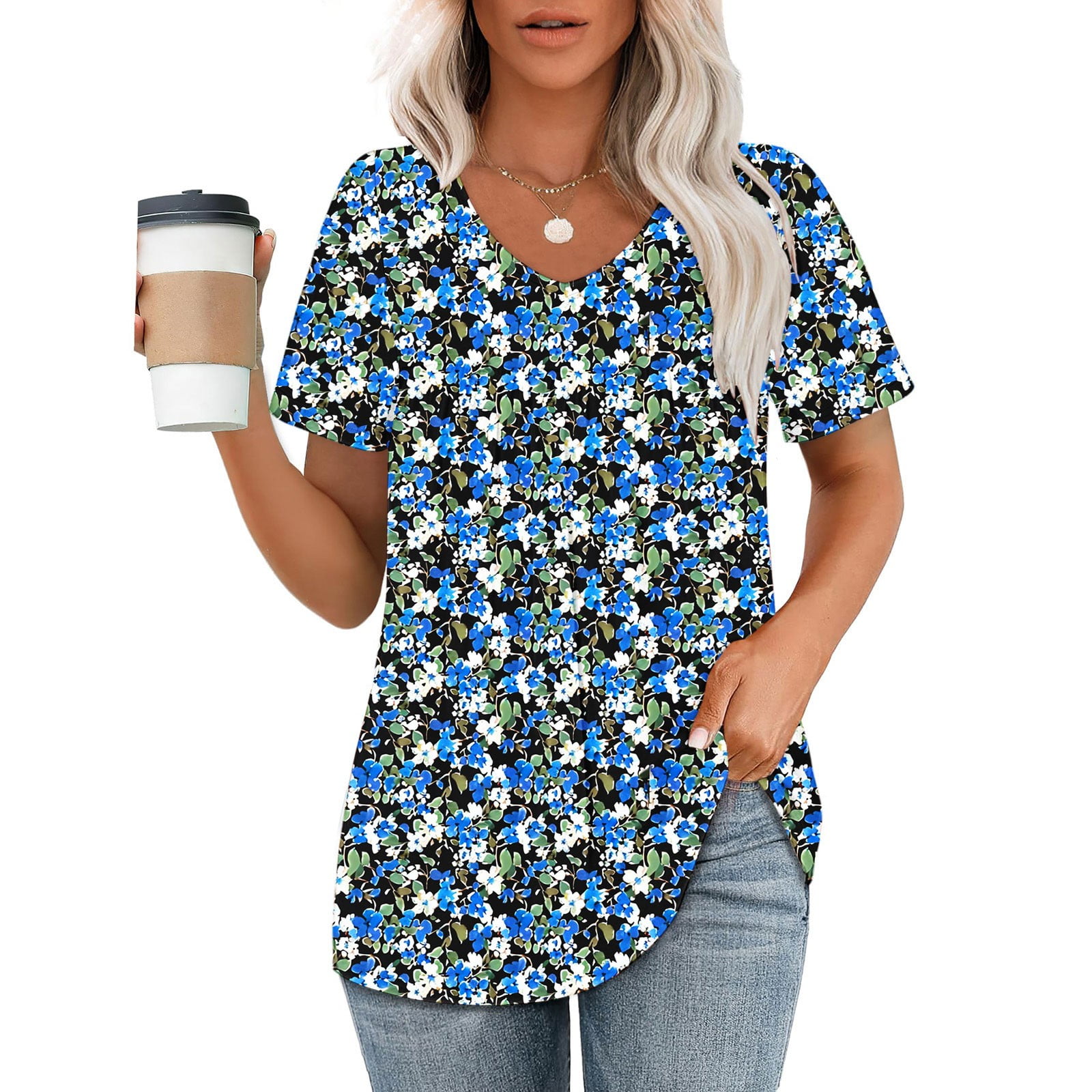 ALLLIST Short Sleeve Womens Tops Pleated V Neck Blouse Blue Drop ...