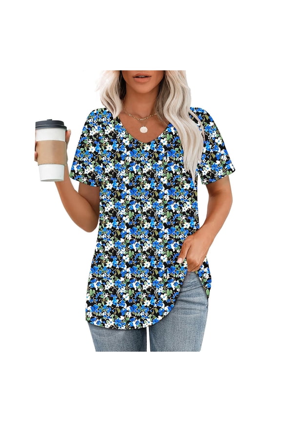 Short Sleeve Womens Tops Pleated V Neck Blouse Blue Drop Shoulder Floral Pullover Ladie's Tops