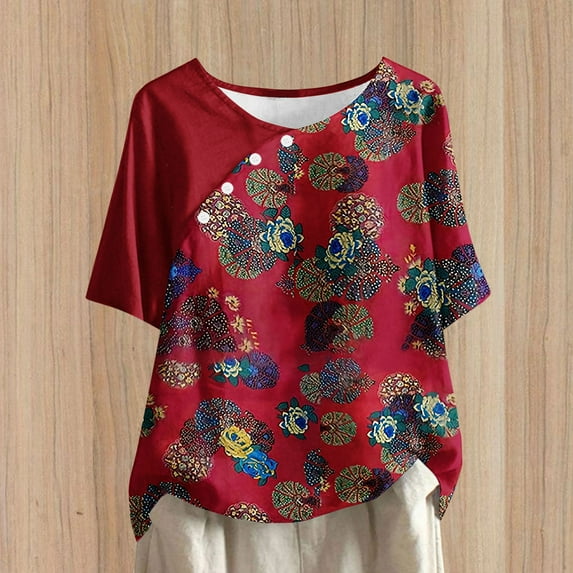 ALLLIST Short Sleeve Womens Tops Red Scoop Neck Floral T-Shirts Casual Button Reg and Big and Tall Sizes