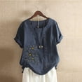 thumbnail image 1 of ALLLIST Short Sleeve Womens Tops Summer Blue Floral Crew Neck Embroidery Casual Blouses Button Tees, 1 of 3