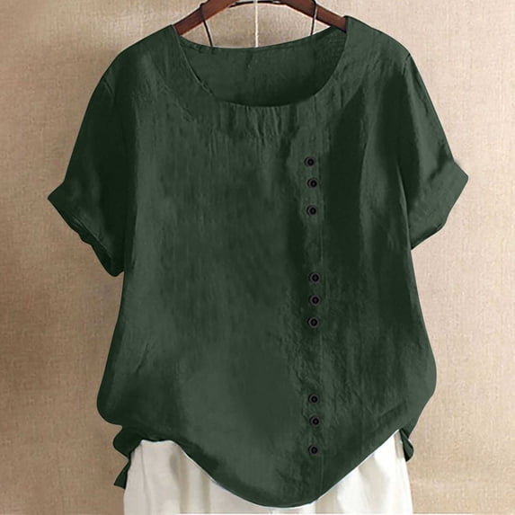 ALLLIST Short Sleeve Womens Tops Summer Crew Neck Green Solid Button Casual Blouses Pullover Spring Blouse