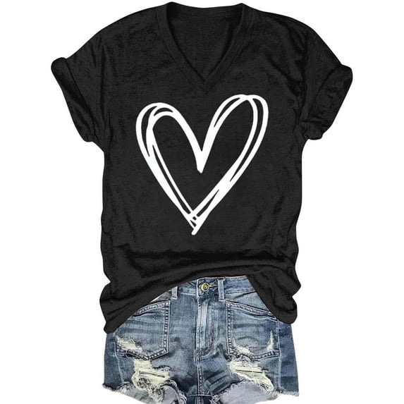 ALLLIST Short Sleeve Womens Tops Summer V Neck T-Shirts Fashion Love Heart Black Blouse Women's Clothing