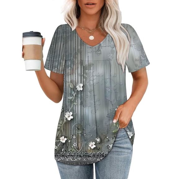 ALLLIST Short Sleeve Womens Tops V Neck Floral Blouse Green Pleated Fashion Pullover Clothing for Women