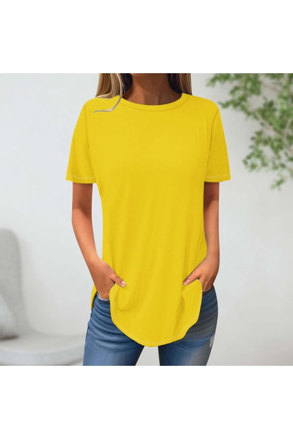 Short Sleeve Workout Tops Crew Neck Yellow Solid T-Shirts Womens Tees Loose Fit