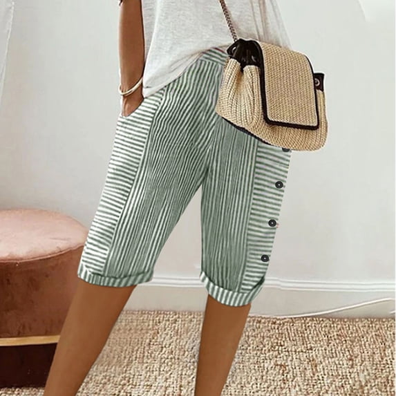 ALLLIST Shorts Women Ankle Green High Straight-Leg Striped Button Trousers Cotton and Linen with Pockets Womens Skorts Cotton Trousers L