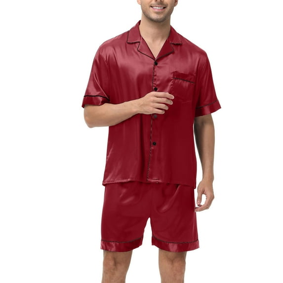ALLLIST Silk Men's Pajamas Set Sleepwear Red Solid Short Sleeve Tops & Bottom Button Down Teens Pajamas S-XL